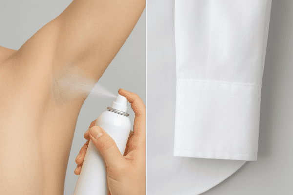 Split image: hand spraying antiperspirant on underarm, and spotless white shirt sleeve.