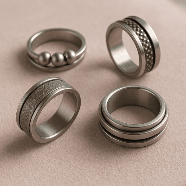 Macro view of anxiety rings with spinning bands, beads, and textured details on a pastel suede surface.