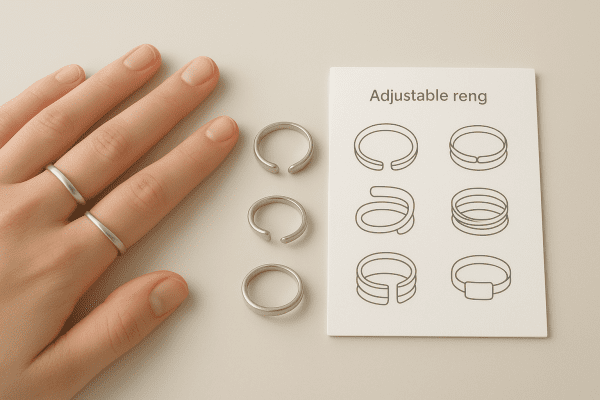 Adjustable anxiety rings displayed on fingers and next to a simple sizing chart on a pale tabletop.