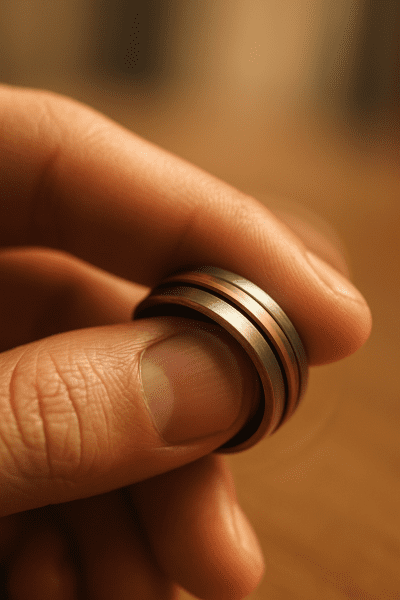 Macro shot of a hand spinning an anxiety ring band, with calming background and focus on tactile motion.