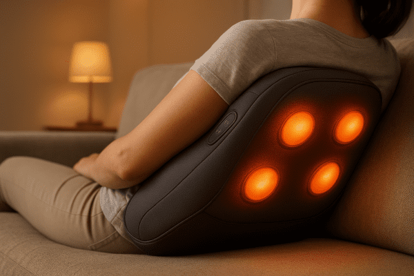Ergonomic heated back massager glowing in use on a relaxed person's lower back in a softly lit living room.