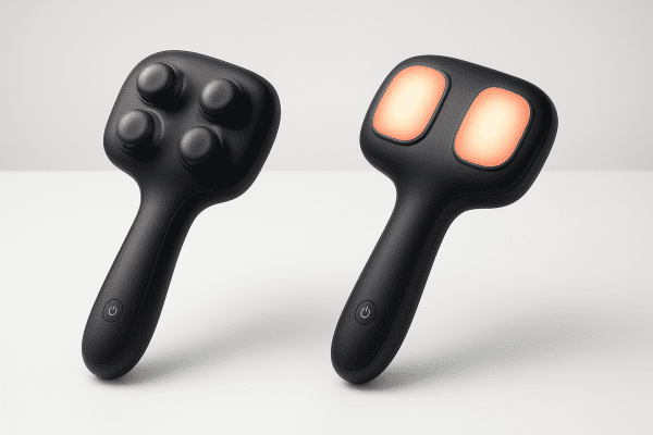 Percussion and vibration massagers powered on, side by side on a pristine white table.