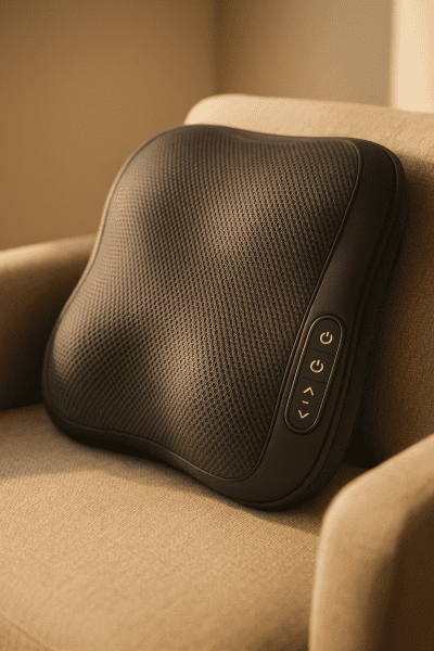 Close-up of a plush back massager cushion with ergonomic controls draped on a modern armchair.