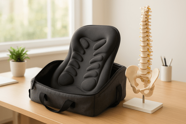 Portable ergonomic back massager in an open travel bag beside a spine model in a bright home office.