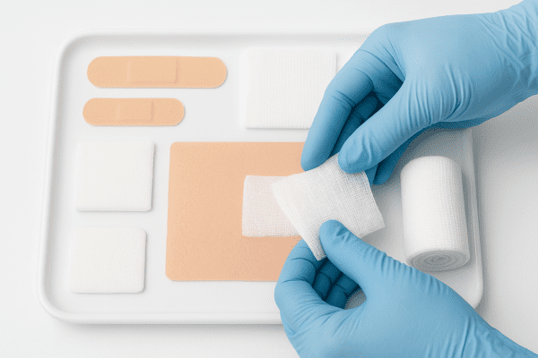 Assorted bandages and dressings on a white tray, with gloved hands demonstrating gentle gauze application.