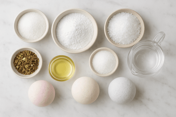 Curated bath bomb ingredients and pastel bombs on a marble slab.