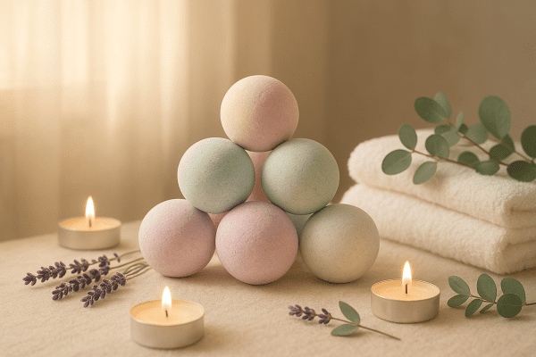 Pastel bath bombs, candles, and soft towels in a serene spa setting.