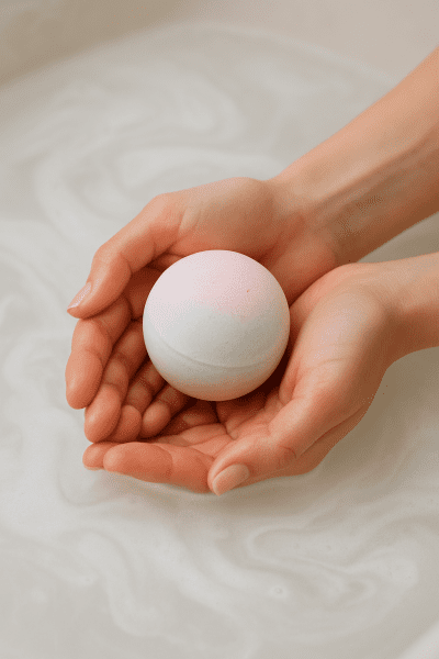 Cupped hands holding a pastel moisturizing bath bomb over milky water.