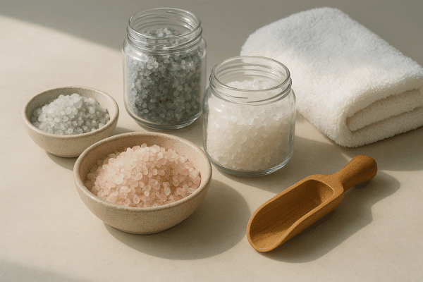 Spa tabletop with natural bath salts in glass jars and stoneware bowls, a white towel, and bamboo scoop, softly illuminated by daylight.