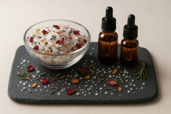 Bath salts with dried petals, essential oil droppers, and sparkling salt crystals on a slate tray in a minimalist spa setting.