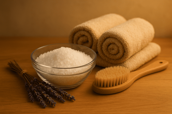 Clear bowl of Epsom salts with rolled towels, a bath brush, and lavender bundle in a warmly lit spa bathroom.