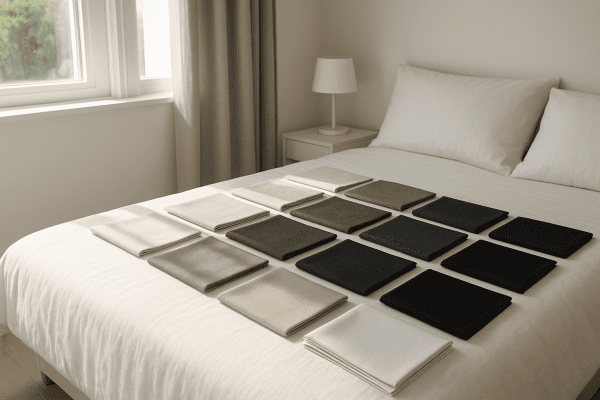 Modern bedroom with sunlight on grouped blackout curtain fabric and lining swatches arranged on a bed.