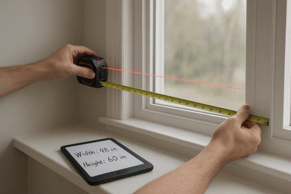 Hands using a laser tape to measure a window, digital notepad with notes on the sill.