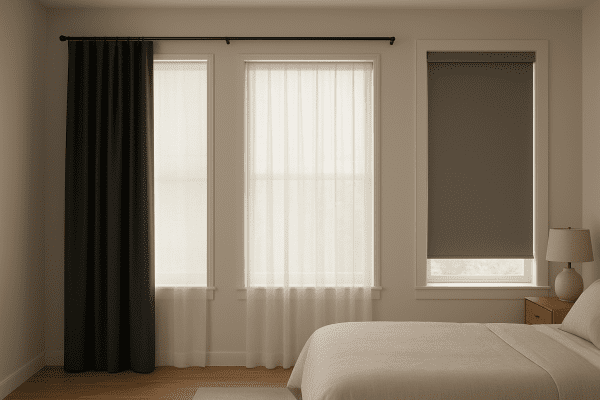 Bedroom with three windows: blackout curtain, sheer drape, and room darkening shade, each showing different light levels.