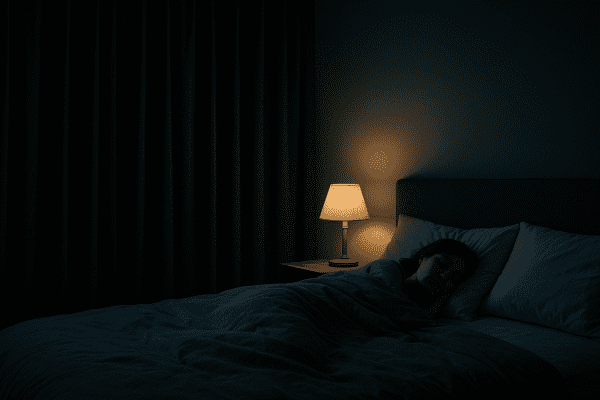 Bedroom in darkness with blackout curtains, sleeping person, and soft bedside lamp.