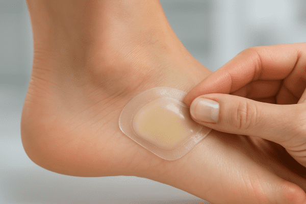 Close-up of a hand pressing a hydrocolloid blister bandage onto the heel, highlighting precise adhesion and gel cushioning.