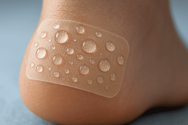 Macro view of a waterproof blister bandage with water droplets on the surface, edges sealed for moisture resistance.