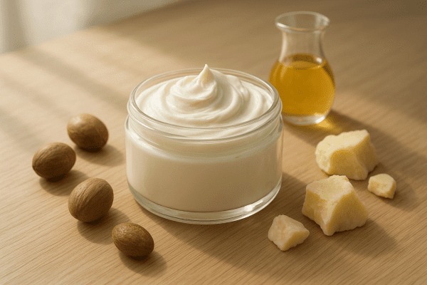 A glass jar of swirled, whipped body butter with shea nuts, cocoa butter, and almond oil on a light oak surface.