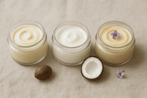 Three jars of body butter, each paired with a shea nut, coconut, or flower on a taupe linen cloth.