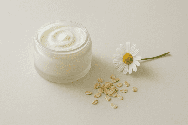 A frosted glass jar of unscented body butter with a chamomile blossom and oat flakes on a matte off-white surface.