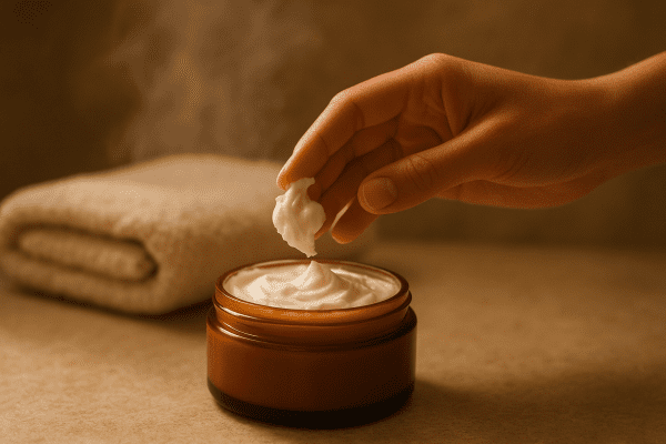 A hand scooping body butter from a jar after showering, with a plush towel and gentle steam in the background.