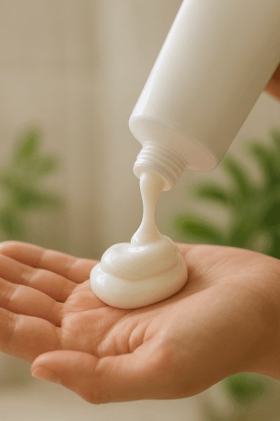 Close-up of silky body lotion being dispensed onto a hand, bathroom background softly blurred with green botanicals.