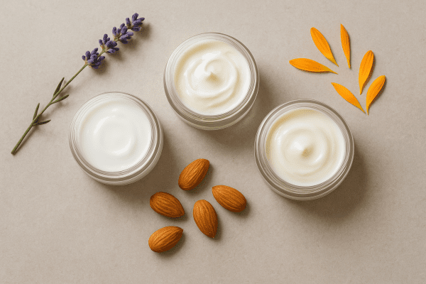 Flat lay of open jars with body lotion, cream, and moisturizer, surrounded by botanical accents on a neutral stone surface.