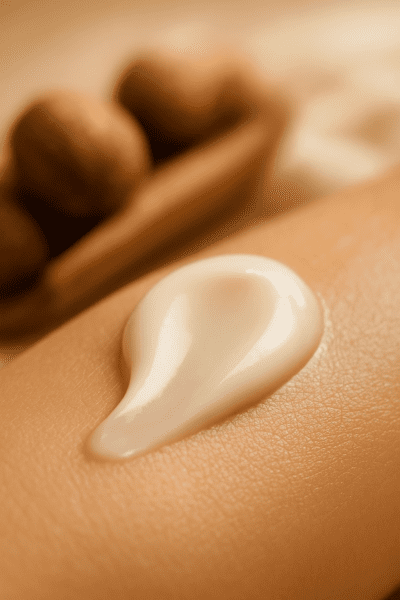 Macro shot of shea butter lotion on glowing skin, creamy background with shea nuts and wooden scoop softly blurred.