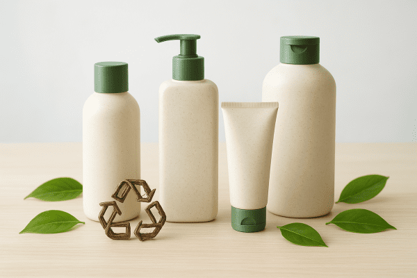 Eco-friendly lotion bottles on pale wood, surrounded by green leaves and a twig recycling symbol.