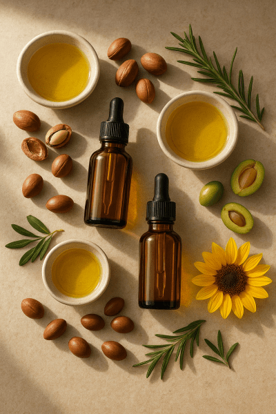 Flat lay of glass dropper bottles and bowls of golden body oils, surrounded by argan nuts, jojoba seeds, olives, sunflower petals, and rosemary on a stone surface.