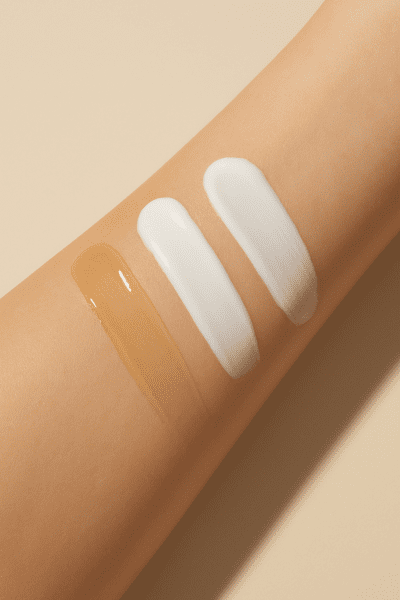 Three parallel swatches of oil, lotion, and cream on a forearm, highlighting their unique textures and hydration effects.
