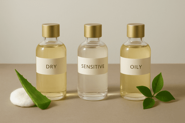 Three body oil bottles for different skin types, each with a matching natural ingredient: cotton, aloe, and green tea on a taupe surface.