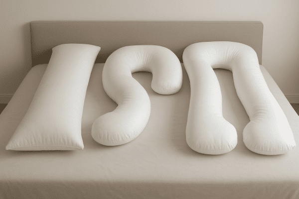 Assorted ergonomic body pillows with different shapes arranged on a spacious bed.