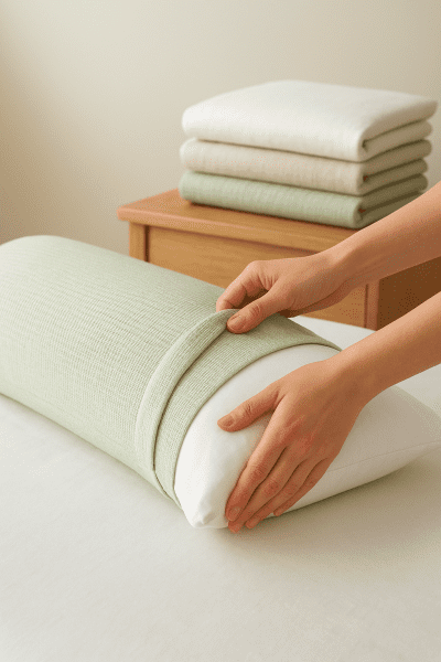 Hands putting a soft bamboo cover on a body pillow with alternative covers stacked nearby.