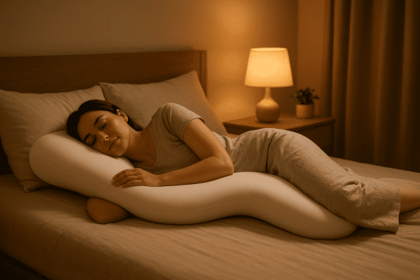 A person using a contoured memory foam body pillow for optimal spinal alignment during sleep.