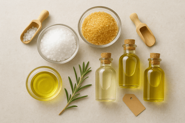 Artisanal sea salt, raw sugar, and natural oils displayed in glass bowls with wooden scoops and rosemary on a stone surface.