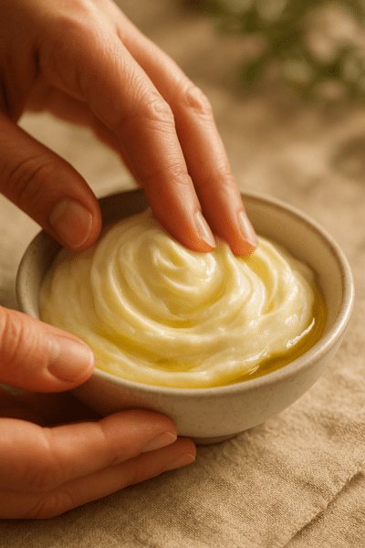 Close-up of hands blending whipped shea butter and almond oil in a ceramic bowl with soft linen in the background.