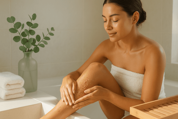Woman massaging scrub onto her shin in a bright spa bathroom, with eucalyptus, towels, and bamboo tray.