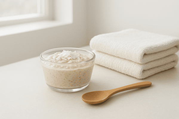 Glass bowl of oatmeal-coconut body scrub with bamboo spoon and white cotton towel on a minimalist countertop.