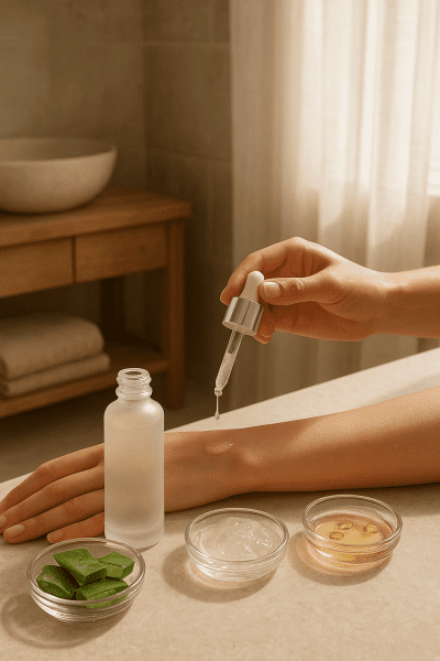 A dropper bottle applies luminous serum to a glowing arm, surrounded by aloe vera, hyaluronic acid, and squalane in a serene, natural bathroom.