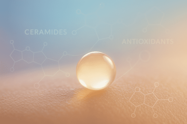Macro shot of a glowing serum drop on perfect skin, with ceramide and antioxidant molecular overlays against a pale blue-champagne gradient.