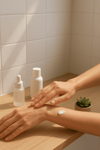 Hands layering clear serum and sunscreen on a forearm in a white-tiled, sunlit bathroom, with minimal bottles and a succulent nearby.