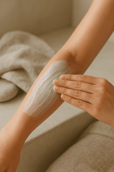 A close-up view of a person massaging mineral sunscreen into their forearm in a calm, spa-like bathroom.