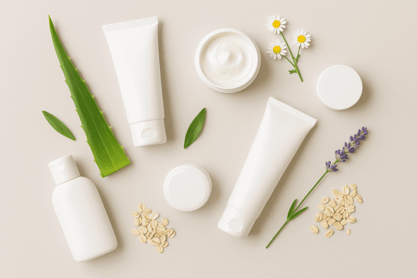 Flat lay of mineral sunscreen with aloe, chamomile, oats, and lavender on a neutral background for sensitive skin.