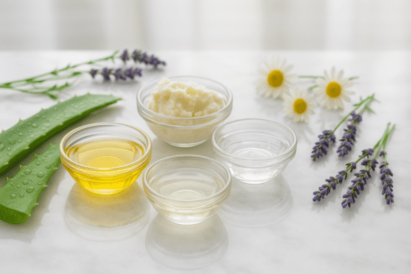 Luxurious body wash ingredients like oils, shea butter, and botanicals on reflective marble with soft morning light.