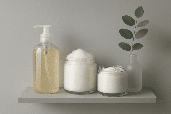 Three glass vessels with body wash gel, foam, and cream textures on a matte shelf in a modern bathroom.