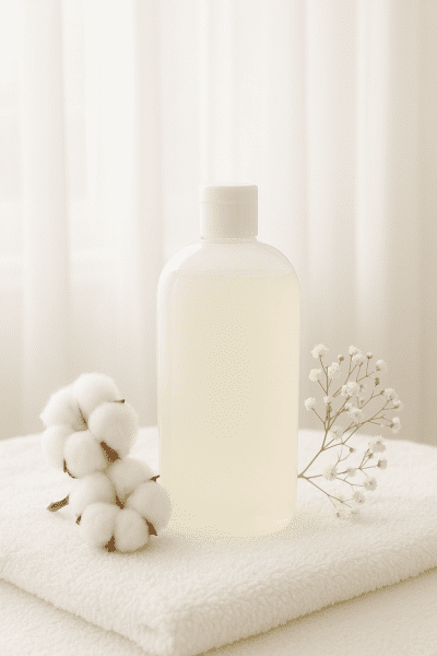 Fragrance-free body wash bottle on a plush towel with cotton and baby\u2019s breath in soft, daylight-filled bathroom.