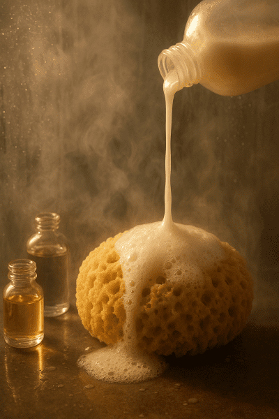 Body wash pours onto a plush sea sponge, with essential oils and steam in a luxurious, modern shower.