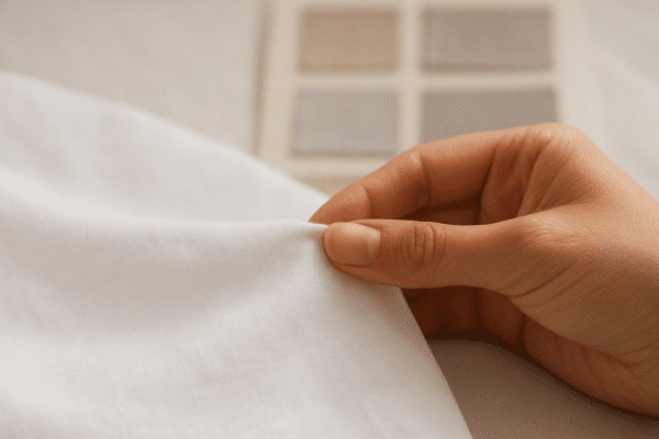 Close-up of a hand holding a white cotton percale sheet, showing fine weave and airy quality.