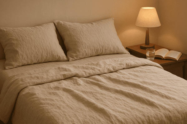 Bedroom with pale linen sheets, softly rumpled, on the bed; a glass of water and a book on the bedside table.
